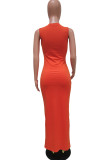 Tangerine Red Fashion Sexy Casual Solid Ripped Hollowed Out O Neck Sleeveless Dress Dresses
