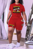 Red Casual Print Hollowed Out Patchwork O Neck Short Sleeve Two Pieces