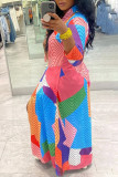Multicolor Casual Print Patchwork Buckle Turndown Collar Shirt Dress Dresses