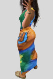 Pink Sexy Print Hollowed Out Patchwork V Neck One Step Skirt Dresses