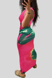 Pink Sexy Print Hollowed Out Patchwork V Neck One Step Skirt Dresses