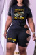 Black Casual Print Hollowed Out Patchwork O Neck Short Sleeve Two Pieces