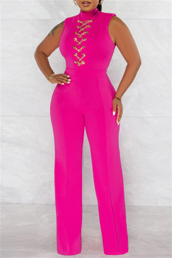 Rose Red Fashion Casual Solid Patchwork Half A Turtleneck Regular Jumpsuits