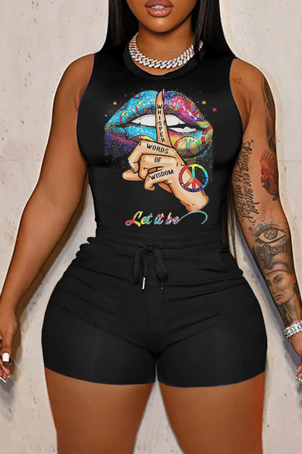 Black Casual Print Patchwork O Neck Sleeveless Two Pieces
