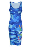 Navy Fashion Sexy Letter Camouflage Print Basic U Neck Vest Dress