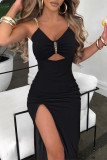 Black Sexy Casual Patchwork Solid Hollowed Out Backless Slit Spaghetti Strap Sleeveless Dress Dresses