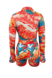 Red Print Patchwork Turndown Collar Skinny Rompers
