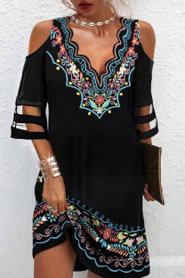 Black Sexy Casual Print Hollowed Out Patchwork V Neck Dresses