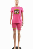 Red Casual Print Hollowed Out Patchwork O Neck Short Sleeve Two Pieces