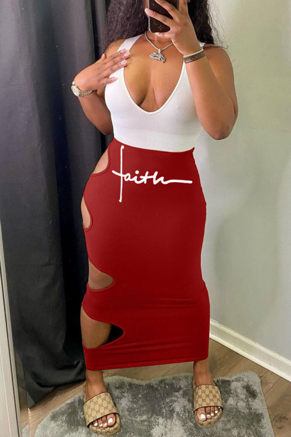 Burgundy Sexy Print Hollowed Out Patchwork V Neck One Step Skirt Dresses
