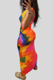 Pink Sexy Print Hollowed Out Patchwork V Neck One Step Skirt Dresses