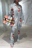Multicolor Fashion Casual Print Patchwork Turndown Collar Long Sleeve Two Pieces