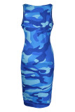 Navy Fashion Sexy Letter Camouflage Print Basic U Neck Vest Dress