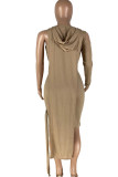 Camel Casual Solid Patchwork Asymmetrical Hooded Collar Long Sleeve Two Pieces