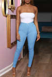 Light Blue Sexy Street Solid Hollowed Out Patchwork High Waist Pencil Solid Color Bottoms