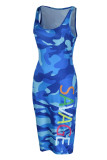 Navy Fashion Sexy Letter Camouflage Print Basic U Neck Vest Dress
