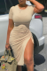 Apricot Fashion Solid Slit O Neck Pencil Skirt Dresses