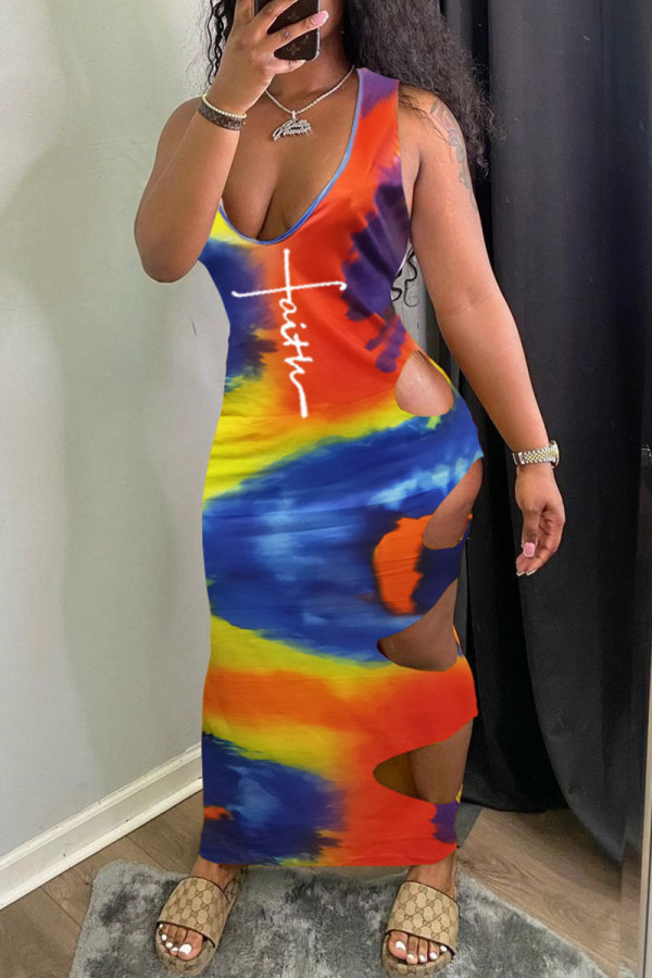 Yellow Sexy Print Hollowed Out Patchwork V Neck One Step Skirt Dresses