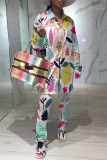 Multicolor Fashion Casual Print Patchwork Turndown Collar Long Sleeve Two Pieces