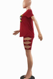 Red Casual Print Hollowed Out Patchwork O Neck Short Sleeve Two Pieces