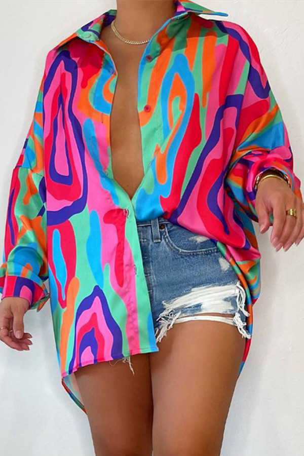 Colour Fashion Casual Print Patchwork Turndown Collar Tops