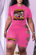 Pink Casual Print Hollowed Out Patchwork O Neck Short Sleeve Two Pieces