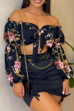 Black Sexy Casual Print Backless Off the Shoulder Long Sleeve Two Pieces