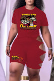 Red Casual Print Hollowed Out Patchwork O Neck Short Sleeve Two Pieces