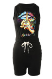 Colour Casual Print Patchwork O Neck Sleeveless Two Pieces