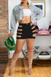 White Sexy Solid Hollowed Out Patchwork High Waist Pencil Solid Color Bottoms