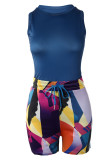 Colour Casual Print Patchwork O Neck Sleeveless Two Pieces