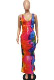Pink Sexy Print Hollowed Out Patchwork V Neck One Step Skirt Dresses