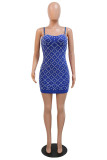 Rose Red Fashion Sexy Patchwork Hot Drilling Backless Spaghetti Strap Sleeveless Dress