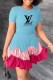 Sky Blue Fashion Casual Letter Patchwork O Neck A Line Dresses