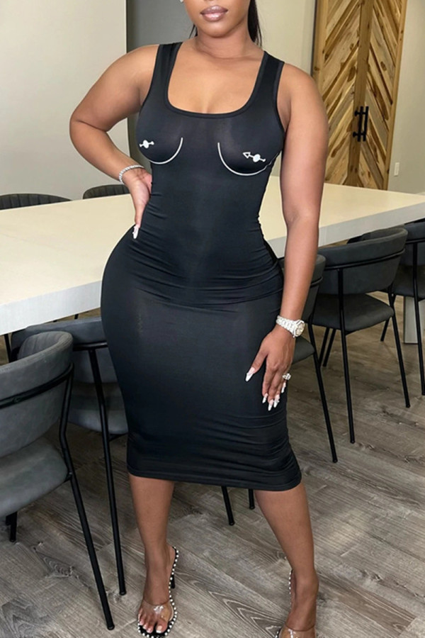 Black Sexy Casual Print Basic U Neck Vest Dress