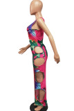 Pink Sexy Print Hollowed Out Patchwork V Neck One Step Skirt Dresses