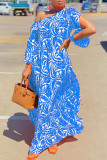 Blue Fashion Casual Print Patchwork Oblique Collar Long Dress