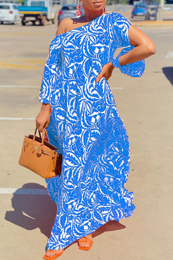 Blue Fashion Casual Print Patchwork Oblique Collar Long Dress