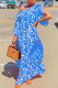 Blue Fashion Casual Print Patchwork Oblique Collar Long Dress