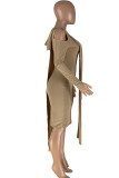 Camel Casual Solid Patchwork Asymmetrical Hooded Collar Long Sleeve Two Pieces
