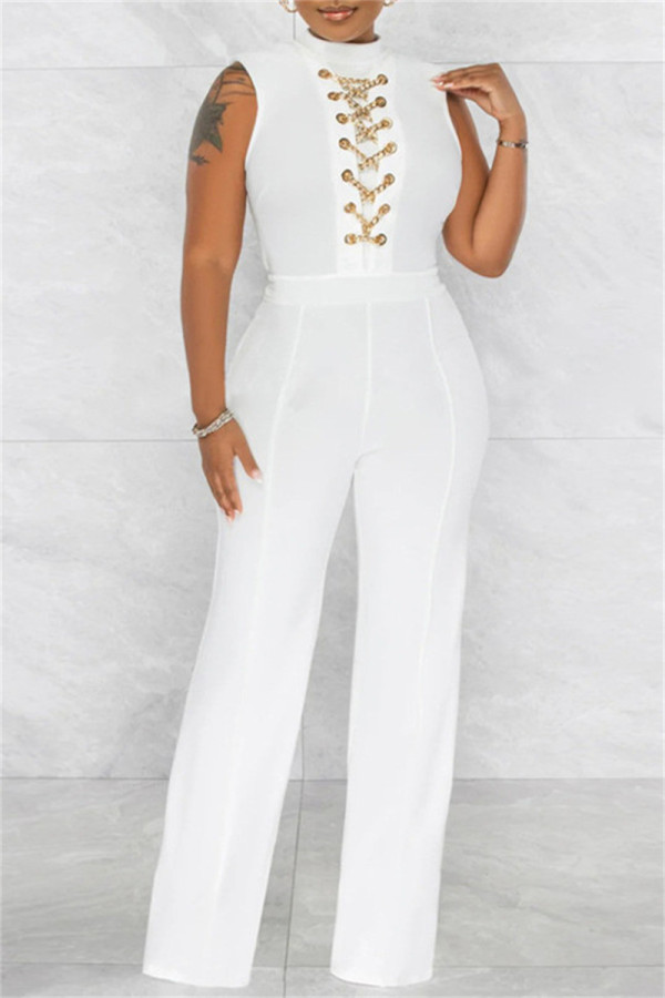 White Fashion Casual Solid Patchwork Half A Turtleneck Regular Jumpsuits