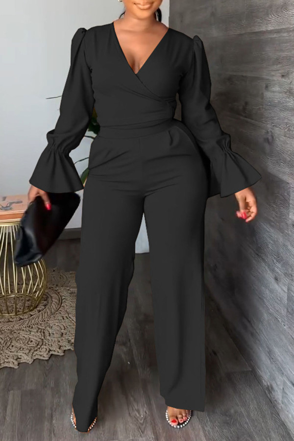 Black Casual Solid Patchwork V Neck Long Sleeve Two Pieces