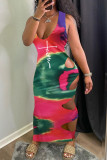 Pink Sexy Print Hollowed Out Patchwork V Neck One Step Skirt Dresses
