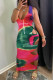 Pink Sexy Print Hollowed Out Patchwork V Neck One Step Skirt Dresses