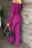Purple Casual Solid Patchwork V Neck Long Sleeve Two Pieces