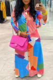 Multicolor Casual Print Patchwork Buckle Turndown Collar Shirt Dress Dresses