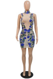 Blue Fashion Sexy Patchwork Sequins See-through Turtleneck Sleeveless Dress