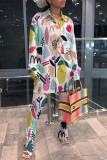 Multicolor Fashion Casual Print Patchwork Turndown Collar Long Sleeve Two Pieces