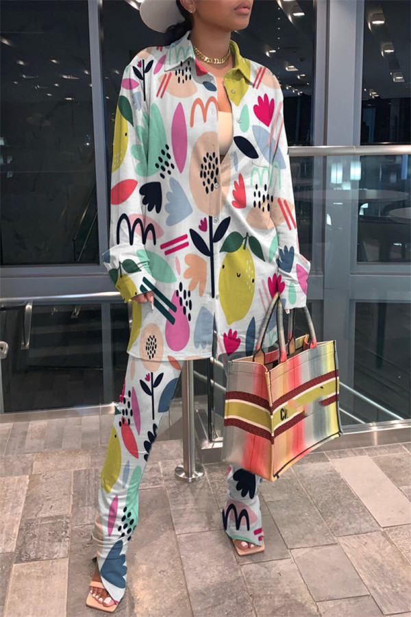 Multicolor Fashion Casual Print Patchwork Turndown Collar Long Sleeve Two Pieces