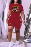 Red Casual Print Hollowed Out Patchwork O Neck Short Sleeve Two Pieces